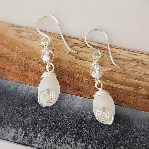 White Amazonite Dangle Earrings / Silver Wire Wrapped Amazonite Drop Earrings - Picture 8 of 12